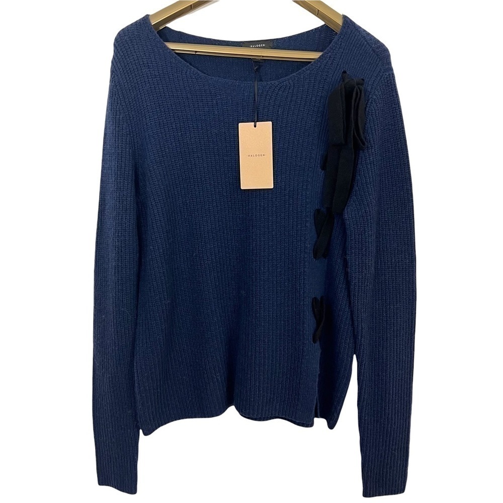 Halogen Sweater Tie Up Detail Merino Wool Blend Long Sleeves